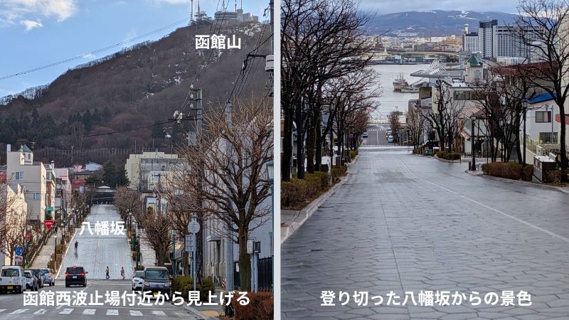 坂の上からの景色が有名な八幡坂